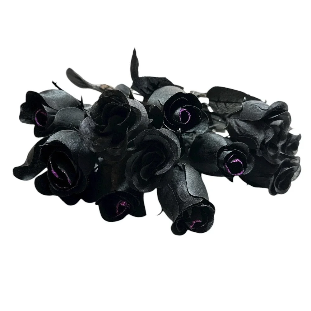 12 Artificial Black Rose Buds Long Stem Flowers - 7 with Purple Accent + 5 Solid
